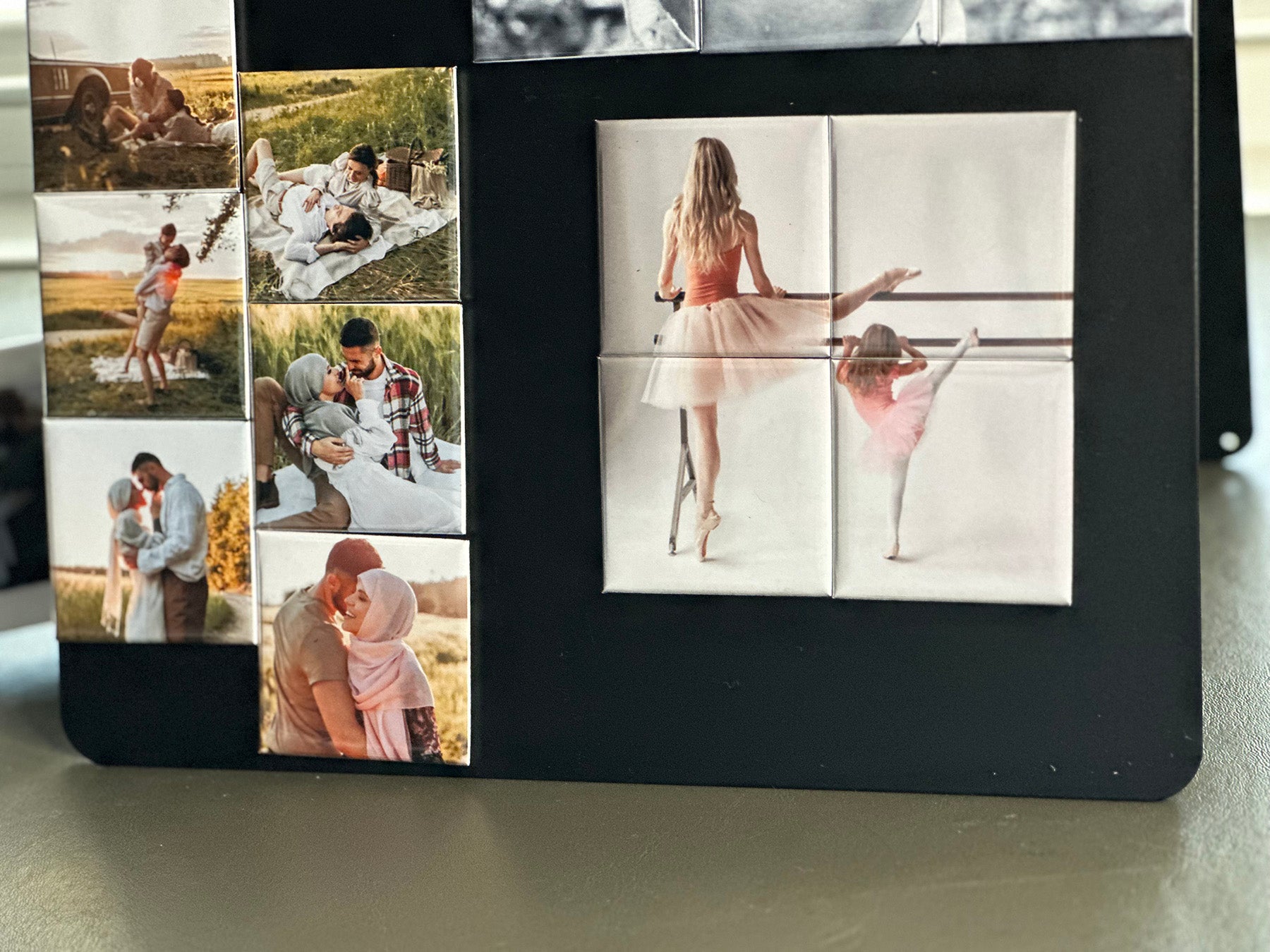 Personalized 2x2 puzzle grid magnets showing mylar encased photo pieces arranged on magnetic surface by Polarity and Co