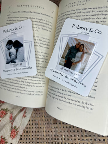 Custom magnetic photo bookmark placed in open book showing soft close magnet in use personalized retro style
